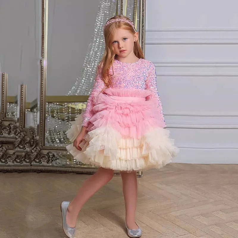 Glitter Sequin Puffy Tiered Tulle Princess Party Dress for Girls