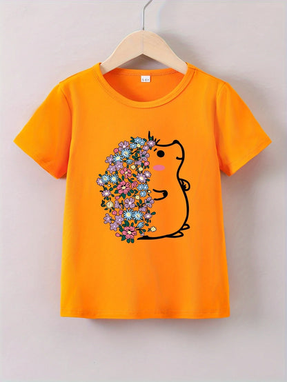 Short Sleeves Crew Neck Flower Printed T-Shirts For Girls childrensterritory