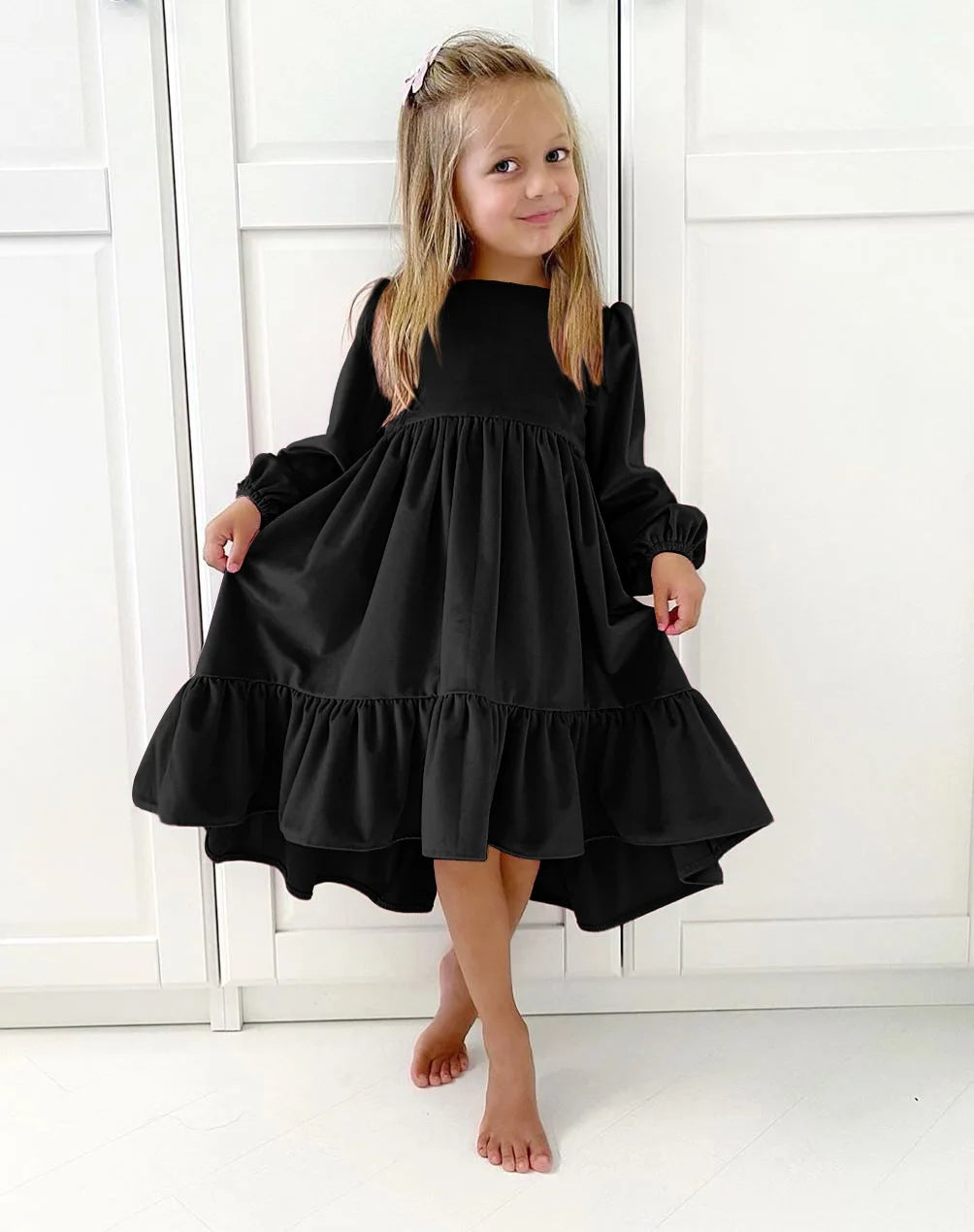 Kids Girls Velvet Long Sleeve Ruffle Hem Party Dresses