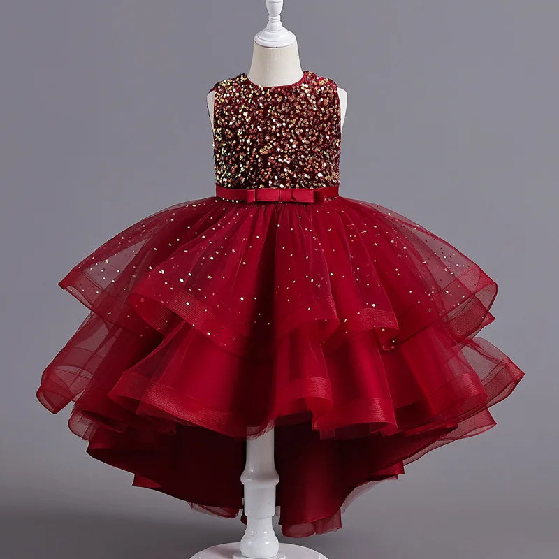 Kids Girls Sequins Design Fluffy Princess Party Trailing Dresses