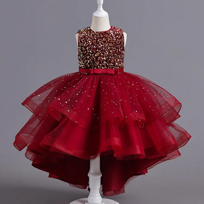 Girl Sleeveless Sequins Flower Design Puffy Party Dresses