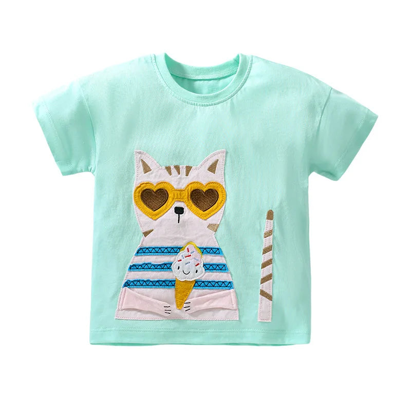 Animal Cats Appliques Little Girls Shorts Sleeve T Shirts childrensterritory