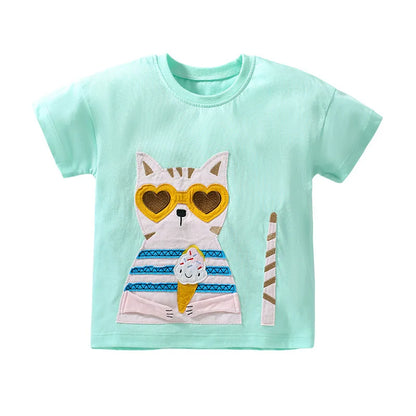 Animal Cats Appliques Little Girls Shorts Sleeve T Shirts childrensterritory