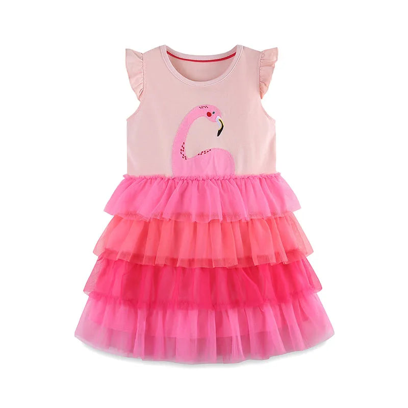Kids Girls Cartoon Flamingo Pattern Layered Summer Dress childrensterritory