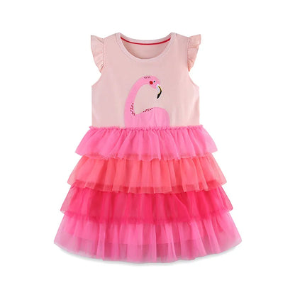 Kids Girls Cartoon Flamingo Pattern Layered Summer Dress childrensterritory