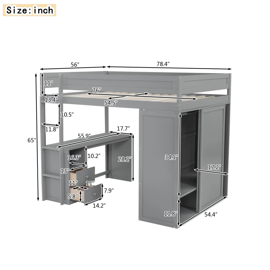 Full-size Loft Bed with Closets and Two-Drawer Desk with Cabinet childrensterritory
