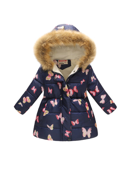 Kids Girls Cotton-Padded Flower Print and Fleece Hooded Jackets childrensterritory
