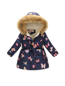Kids Girls Cotton-Padded Flower Print and Fleece Hooded Jackets childrensterritory