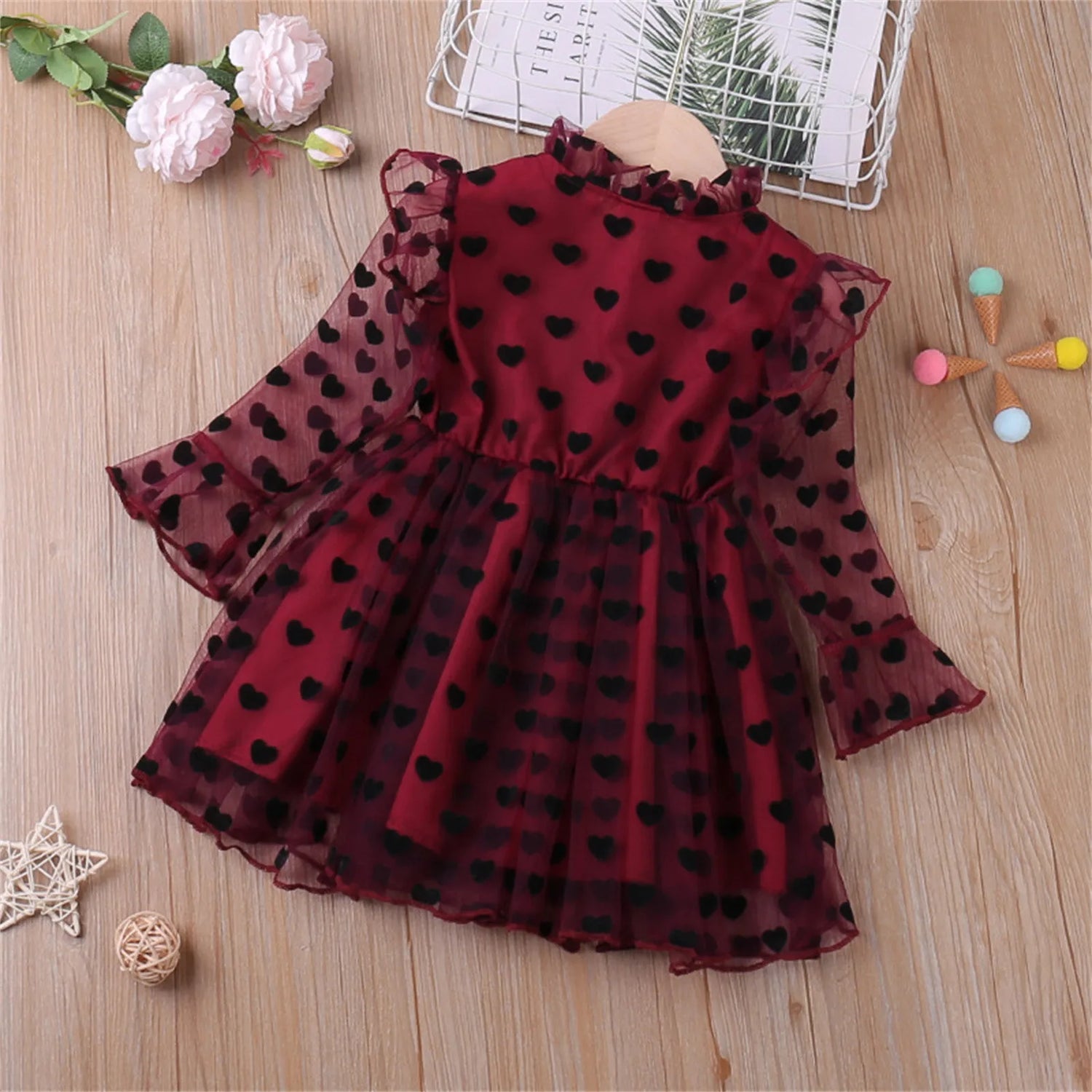 Kid Girl Mesh Yarn Heart Printed Party Dress