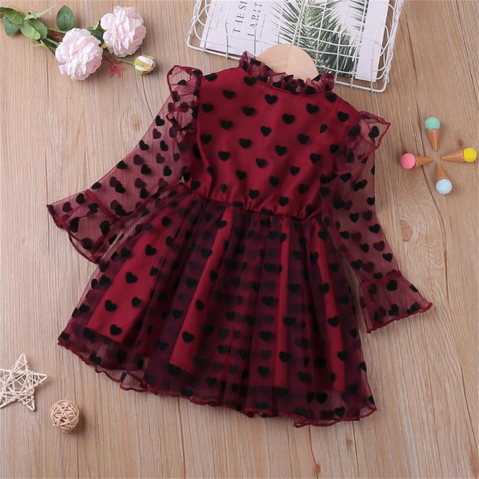 Kid Girl Mesh Yarn Heart Printed Party Dress