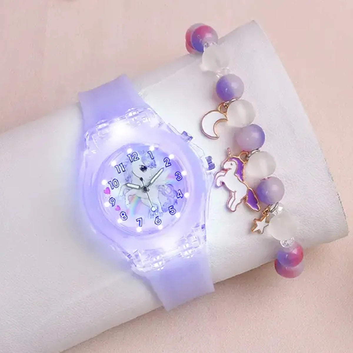 Girls' Butterfly Design Luminous Watch + Beaded Bracelet Set