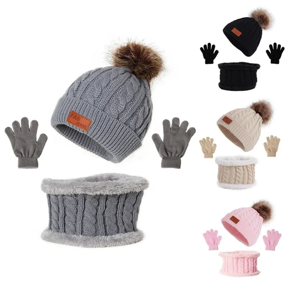 Toddler 3Pcs Cute Pompom Knitted Hats Scarf Gloves Set