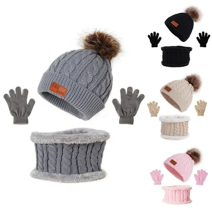 Toddler 3Pcs Cute Pompom Knitted Hats Scarf Gloves Set