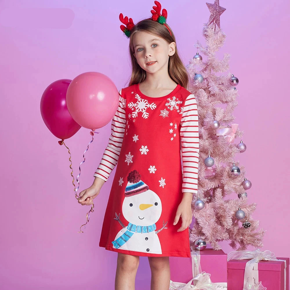 Cute Girls Long Sleeve Stripes Snowman Printed Dress childrensterritory