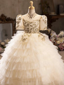 Elegant Girls' Princess Gown with Train, Embroidered with Flowers childrensterritory