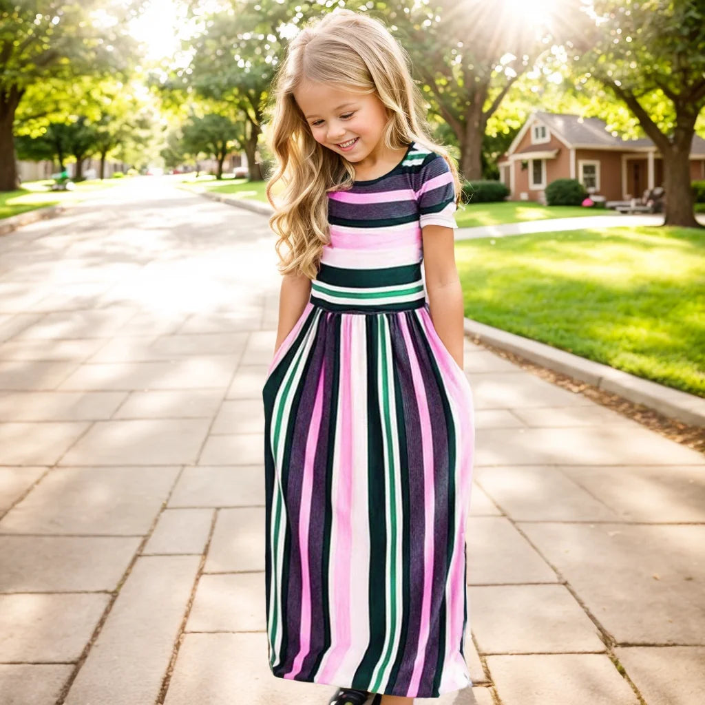 Striped Print Design Casual Summer Long Dress For Baby Girls childrensterritory