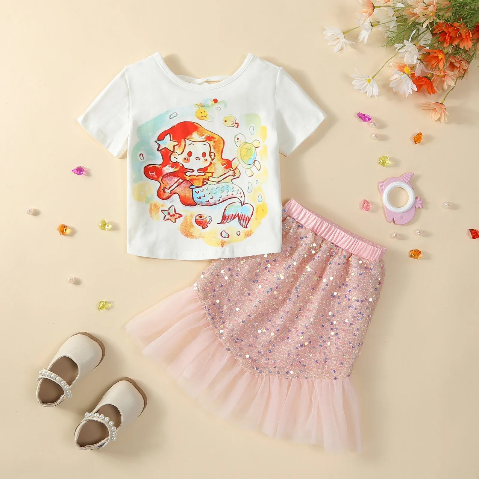 Baby/Kids Girls Cartoon Mermaid Top and Sequined Fishtail Skirt Set childrensterritory