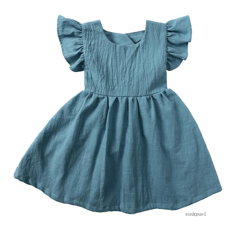 Bow Design Cotton Linen Dress For Toddler Girls childrensterritory