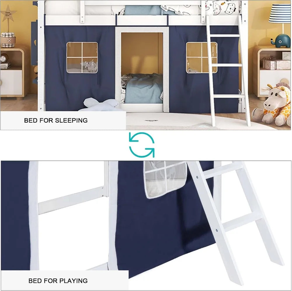 Hut Design Twin over Twin Bunk Bed with Window and Two Drawers