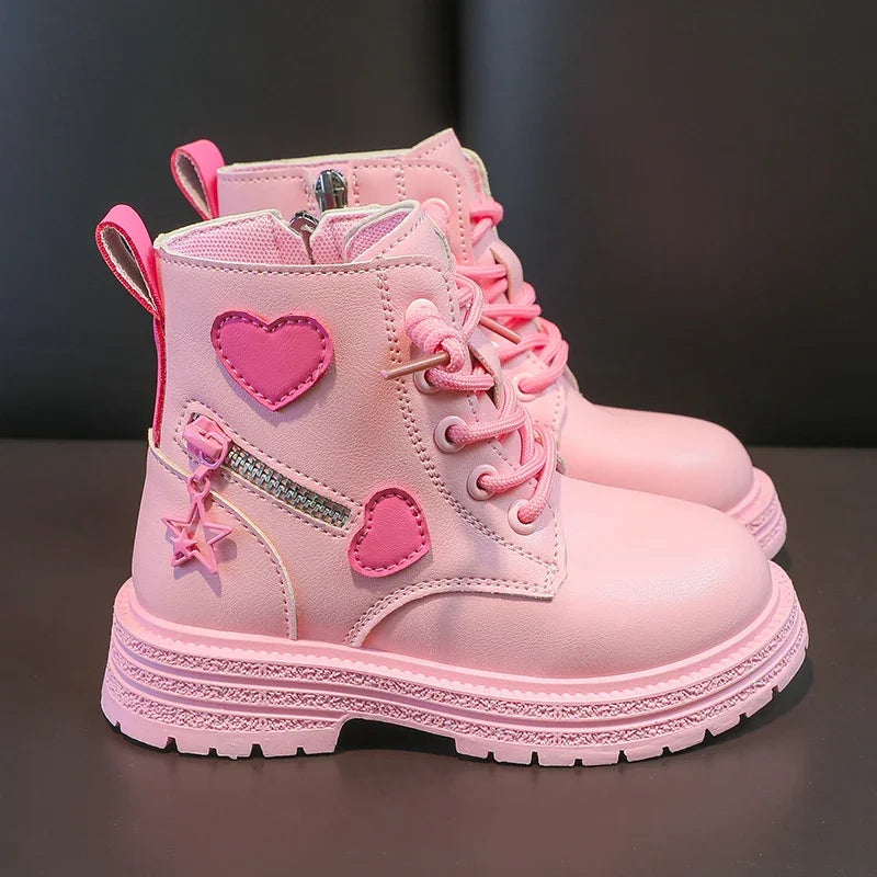 Heart Design Kids Girls British PU Ankle Boots