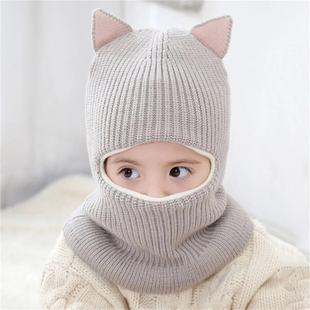 Kids Warm Knitted Plus Fleece Beanie with Face Cover childrensterritory