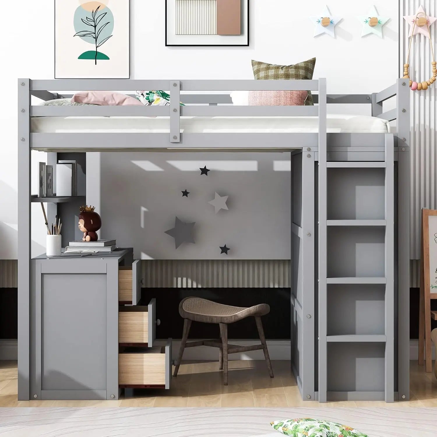 Designer Kids Loft Bed Frame With Storage Drawers