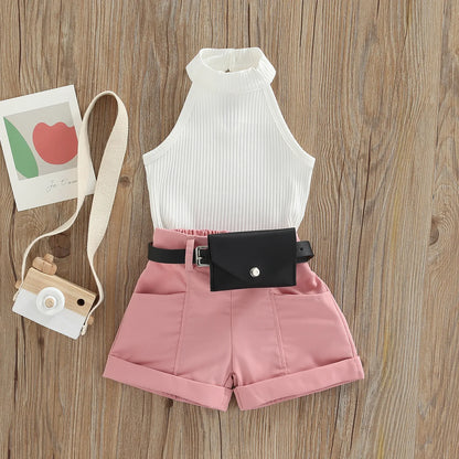 Little Girl Three-Piece Sleeveless Top + Belted Short Pants Outfit childrensterritory