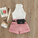 Little Girl Three-Piece Sleeveless Top + Belted Short Pants Outfit childrensterritory