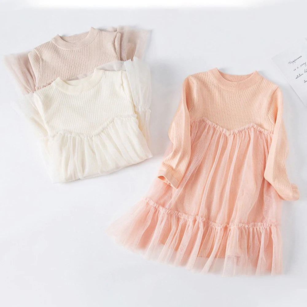 Knitted Mesh Splice Dresses for Little Girls with Round Neck childrensterritory