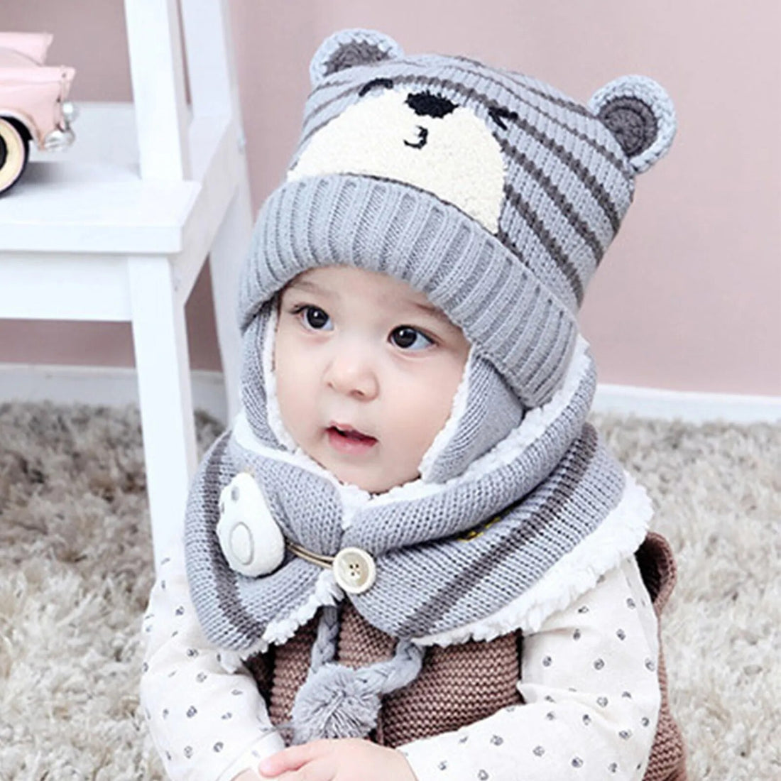 Cartoon Bear Striped Knit Woolen Scarf Cap for Baby childrensterritory