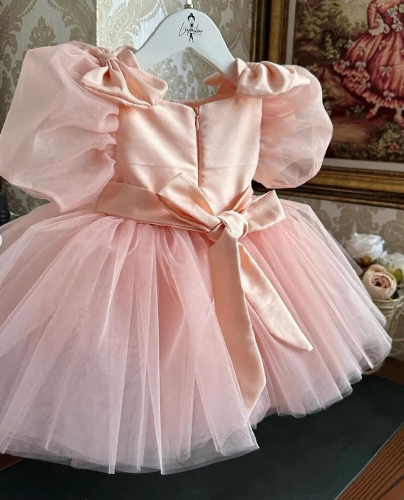 Little Girl Puff Sleeves Wedding Party Gown With Bow Puff Design childrensterritory