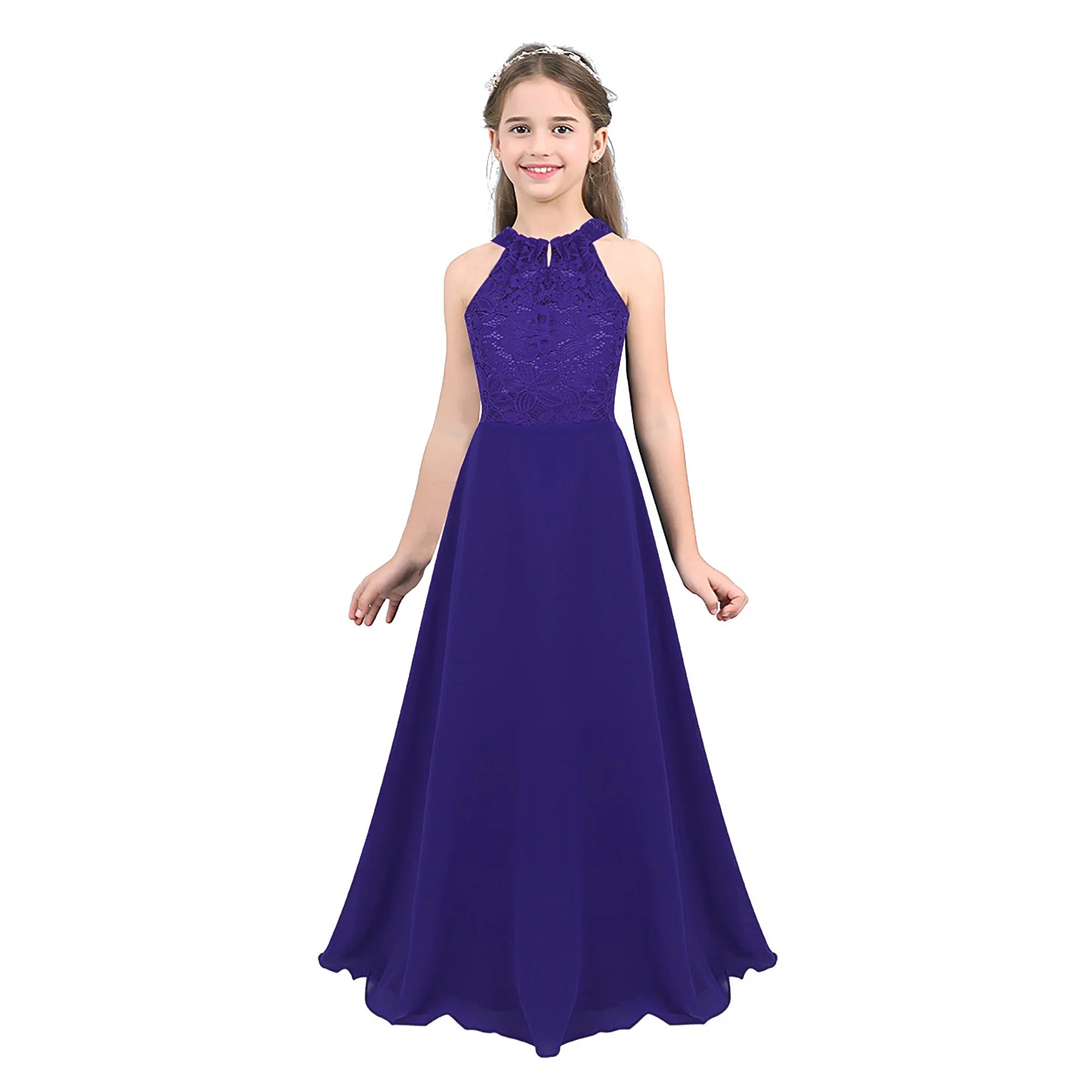 Kids Girls Halter Lace Design Chiffon Long Prom Ball Gowns