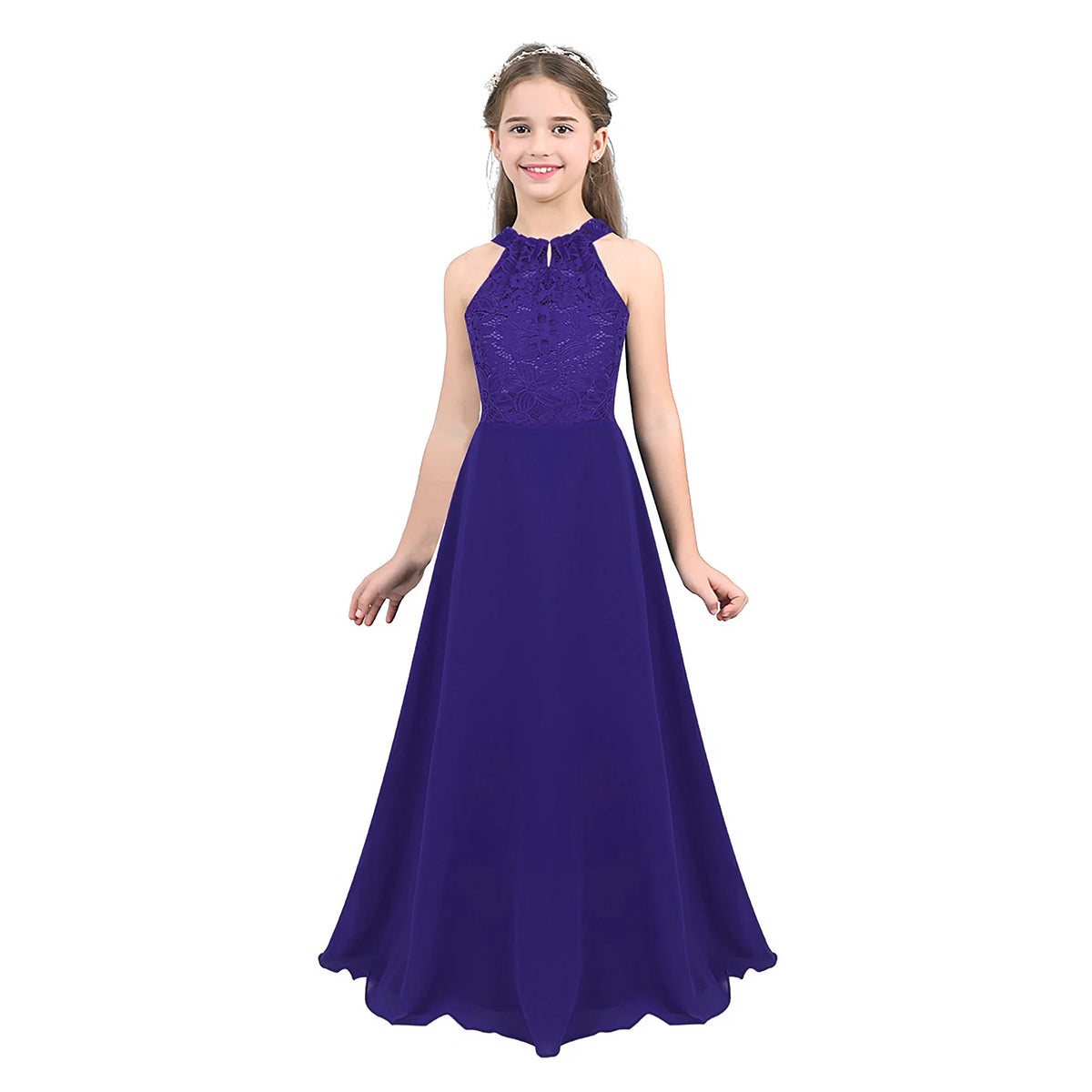 Kids Girls Halter Lace Design Chiffon Long Prom Ball Gowns childrensterritory