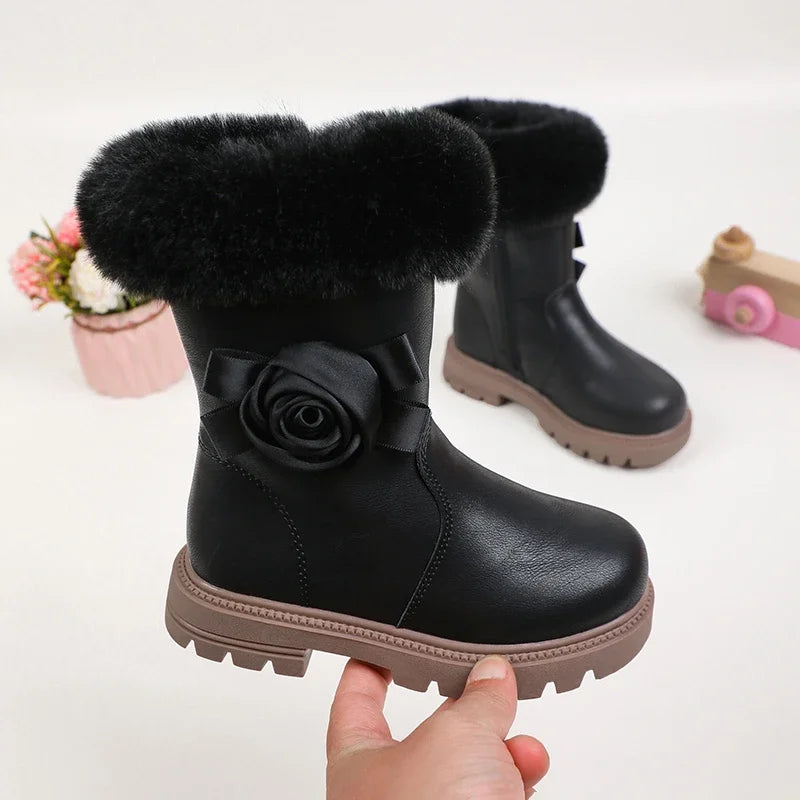 Princess Girls Zipper Flower Design Warm Fur Boots childrensterritory