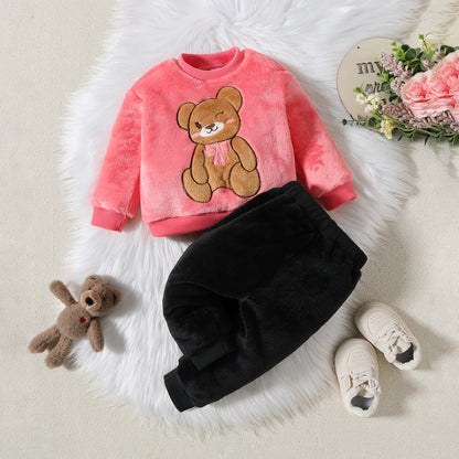 2PCS Baby Warm Coral Plush Teddy Bear Design Clothing Set childrensterritory
