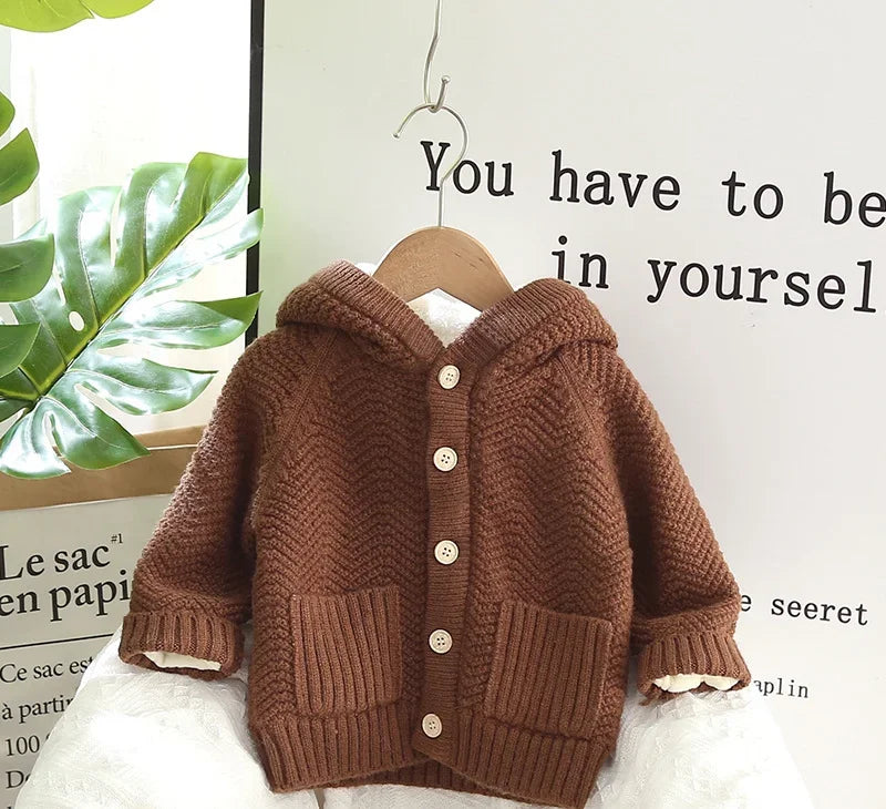 Thick Hooded Fleece Inside Solid Cardigans for Boys and Girls