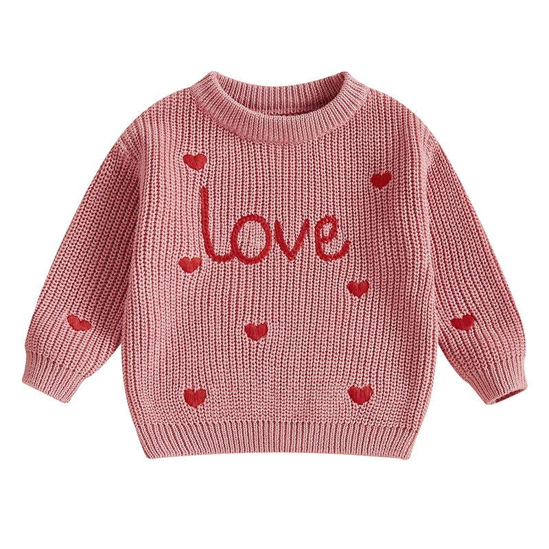 Baby Girl Heart Print Crew Neck Knitted Sweaters childrensterritory