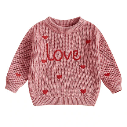 Baby Girl Heart Print Crew Neck Knitted Sweaters childrensterritory