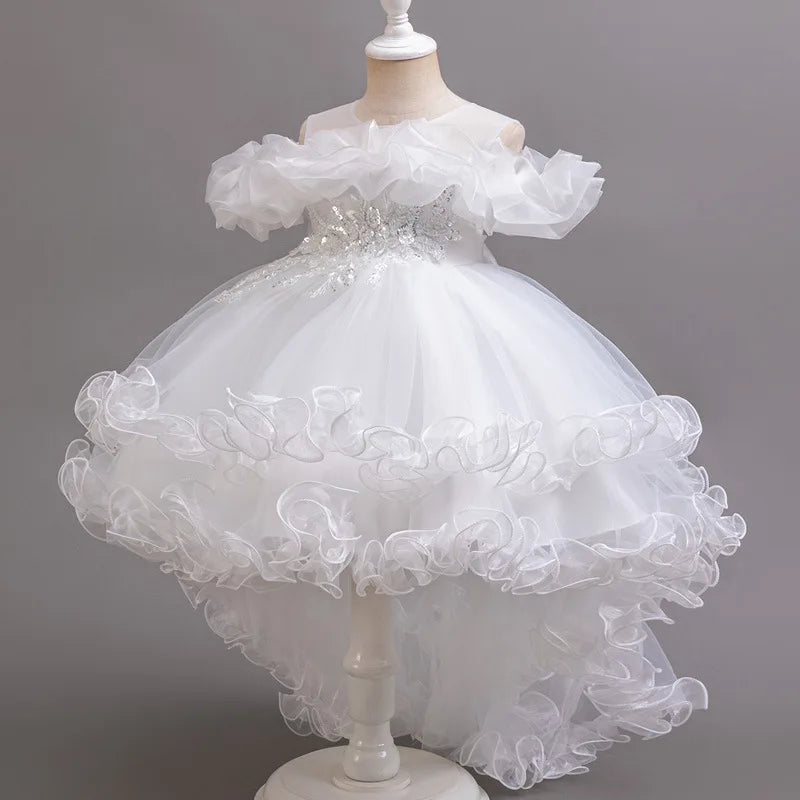 Kids Girls Soft Gauze Solid Color Party Desses with Trailing childrensterritory