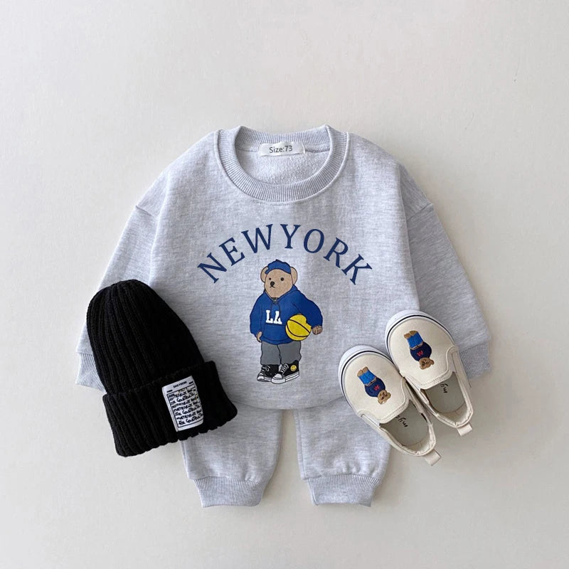 Baby Boys/Girls Letter Bear Casual Hoodie+Pants Suit