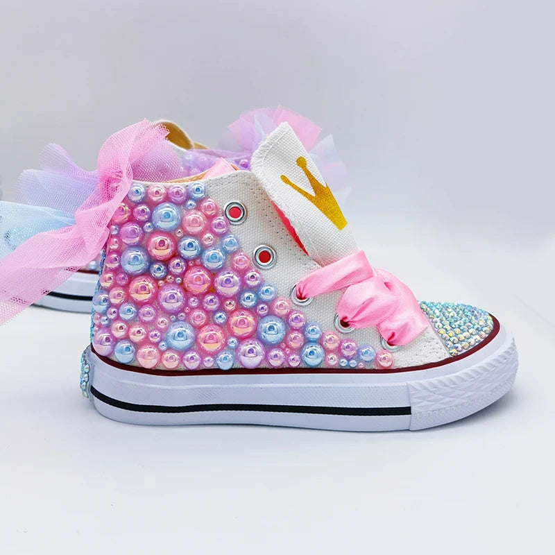 Kids Girls Pink Sparkle Gold Rhinestones Canvas Sneakers