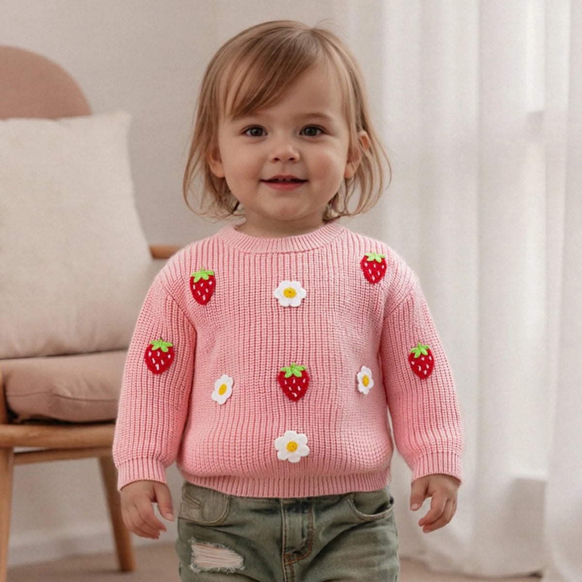 Baby Girl Flower Embroidery Knit Pullover Tops