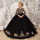 Kids Girls Black Floor Length Pageant Dress with Gold Appliques