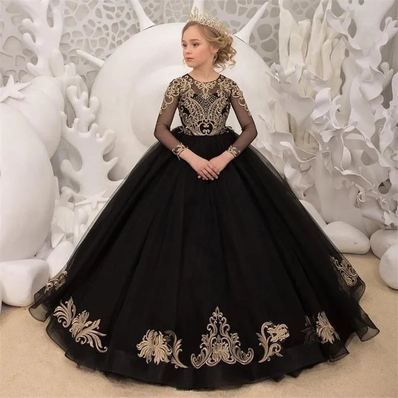 Kids Girls Black Floor Length Pageant Dress with Gold Appliques