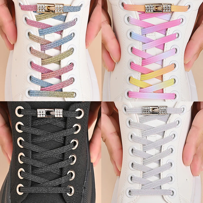 Colorful 1Pair Elastic Lace Shoelaces with Diamond Buckle childrensterritory