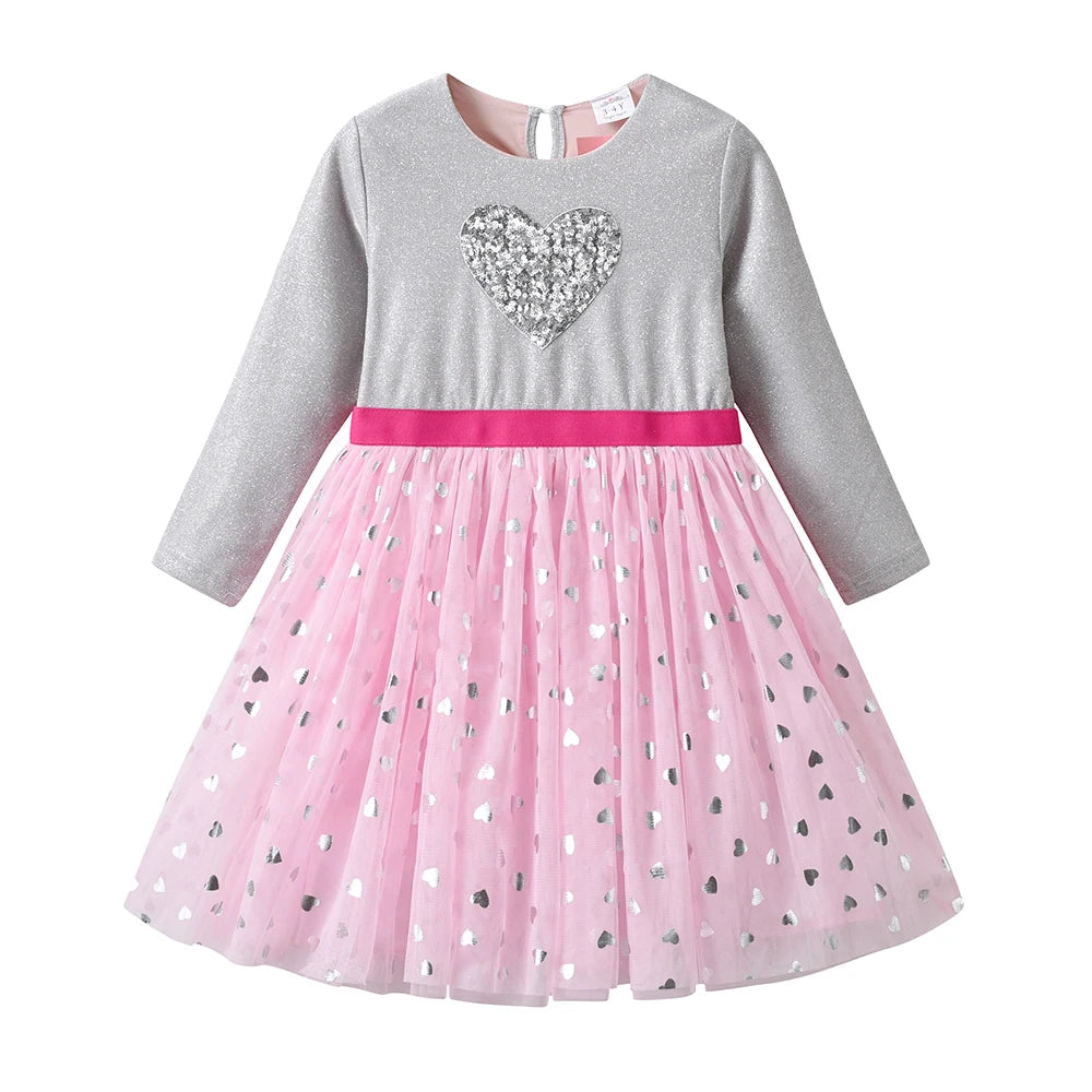 Little Girls Sequin Heart Print Elegant Birthday Party Dress childrensterritory