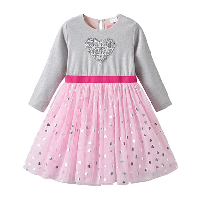 Little Girls Sequin Heart Print Elegant Birthday Party Dress childrensterritory