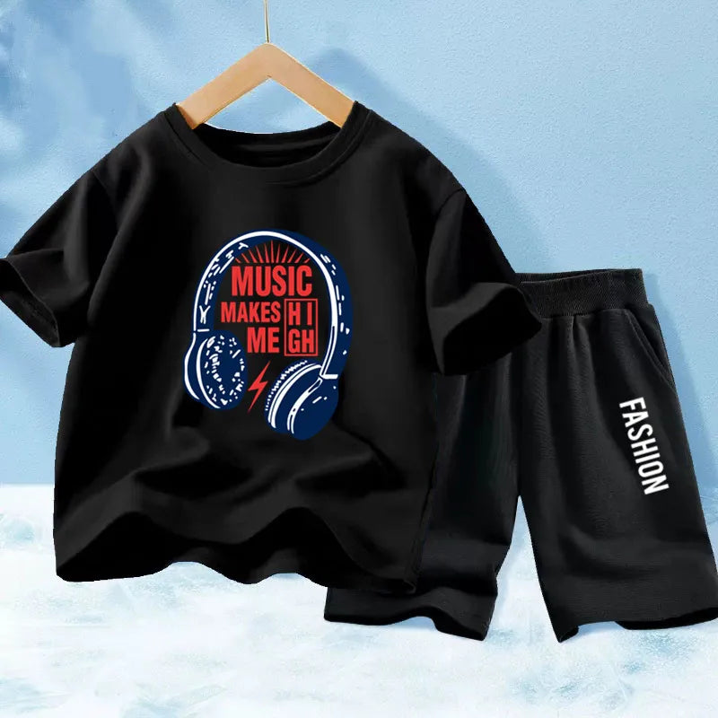 Kids Boys Music Headset Print T-shirt and Shorts Set childrensterritory