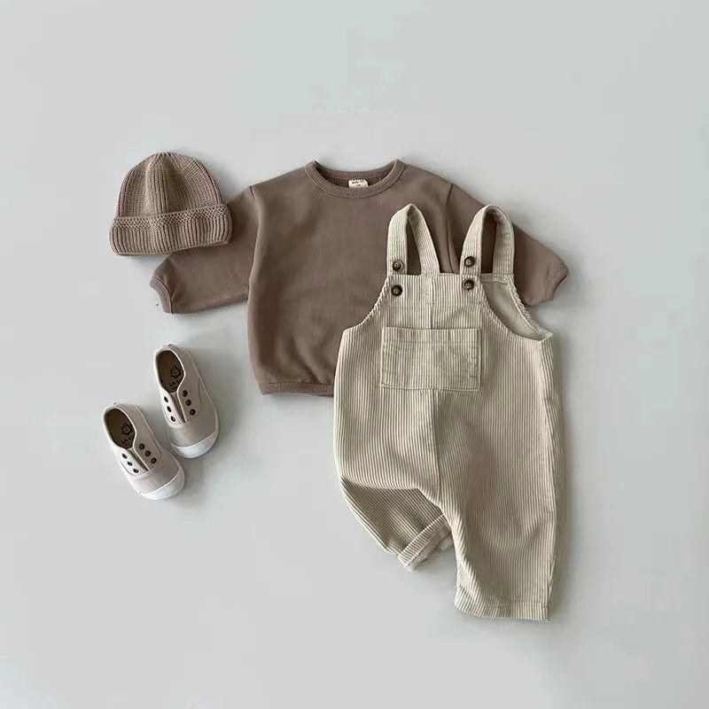 Solid Corduroy Suspender Rompers for Baby Boys and Girls