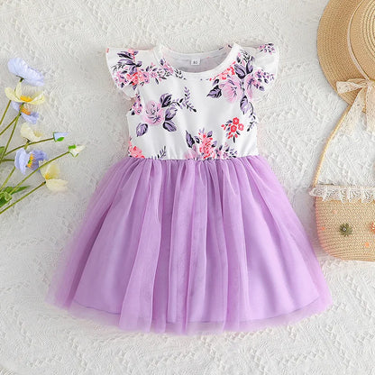 Flower Print Tulle Patchwork Kids Girls A-line Dress